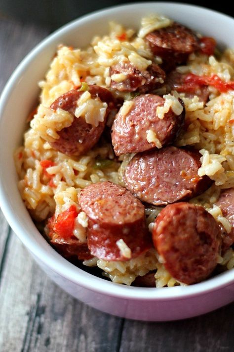 Cheesy Sausage Rice, Cheesy Sausage And Rice, Sausage Rice Skillet, Sausage And Rice Skillet, Sausage And Rice, Sausage Rice, Smoked Sausage Recipes, Sausage Dinner, Kielbasa Recipes