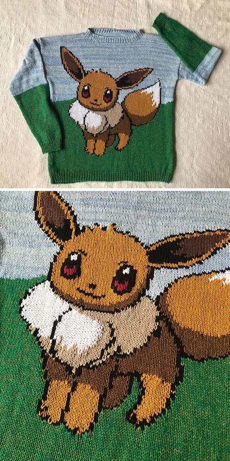 Do your kids love Pokemon cartoons? Knit an Eevee Pokemon sweater for them! It will be a fun project because of the many color changes and details, but the result is worth it, and the knitting pattern is free. Enjoy! #freeknittingpattern #knittedsweater #knittedbabysweater #babysweater #pokemonsweater #pokemon #eeveepokemon Pokemon Sweater, Knit Patterns Free, Sweater Free Knitting Pattern, Love Pokemon, Easy Sweater Knitting Patterns, Crochet Pokemon, Pokemon Pattern, Animal Sweater, Animal Knitting Patterns