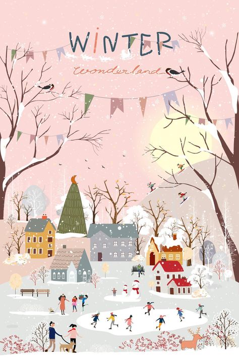 Vintage Holiday Illustration, Winter Scene Illustration, Christmas Surface Pattern Design, Gingerbread Landscape, Christmas Wallpaper Illustration, Xmas Cards Illustration, Christmas Aesthetic Illustration, Winter Illust, Winter Aesthetic Art