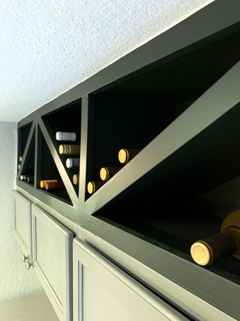 Wine Storage Above Cabinets, Herringbone Wine Rack, Wine Bottle Storage Diy, Upper Cabinet Wine Rack, Built In Wine Rack Cabinets, Wine Bottle Storage Ideas, Diy Wine Rack Wall, Diy Wine Cabinet, Storage Above Fridge