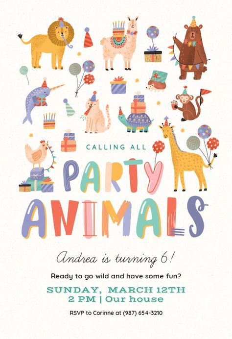 Party Animals - Birthday Invitation Template (Free) | Greetings Island Party Animals Birthday Invitation, Animal Party 2nd Birthday, Party Animal Birthday Theme Invitations, One Party Animal Birthday Theme, Party Animal Party Theme, Party Animal Illustration, Party Animals Invitation, Summer 2nd Birthday Party Ideas, One Party Animal Birthday