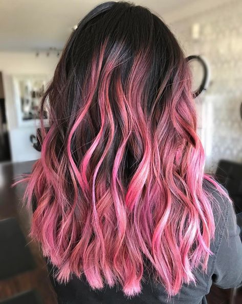 dark brown hair with pink balayage Colored Hair With Black Roots, Pink Balayage With Bangs, Pink Hair Highlights On Black Hair, Dark Brown Hair With Light Pink Highlights, Light Pink Highlights In Black Hair, Pink Lowlights In Brown Hair, Pink Hair Highlights, Underlights Hair, Pink Ombre Hair