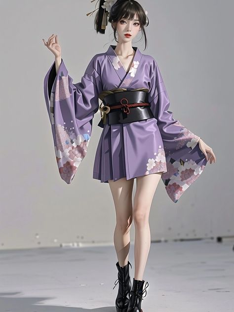 Anime Short Kimono, Kimono Sleeve Reference, Fantasy Kimono Design, Short Kimono Anime, Anime Kimono Outfit, Kimono Outfit Drawing, Japanese Outfits Traditional, Modern Yukata, Short Yukata