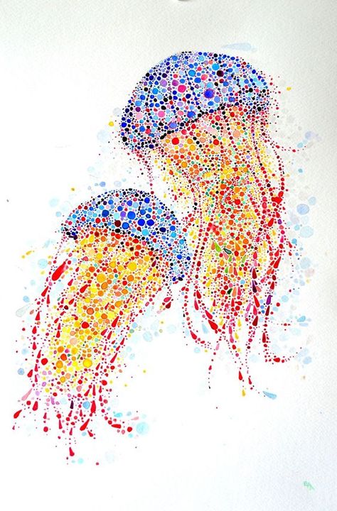 Dancing Jellyfish Dotted Animals That I Created From Hundreds Of Dots Pointalism Art, Ako Kresliť, Stippling Art, Dot Art Painting, Aboriginal Art, Watercolor Animals, Colorful Paintings, Dot Painting, Dots Art