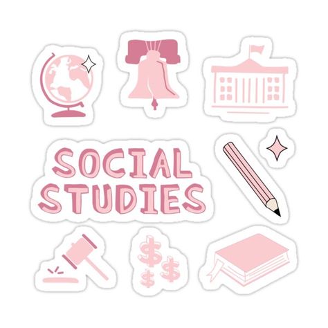 Decorate laptops, Hydro Flasks, cars and more with removable kiss-cut, vinyl decal stickers. Glossy, matte, and transparent options in various sizes. Super durable and water-resistant. Pink Social Studies Subject Pack. Perfect gift for anyone heading back to School! Check out my portfolio for all the individual subject versions as I roll them out. Pencil, world globe, government building, gavel, book, liberty bell, economics, geography, civics and history. Subject Labels, Government Building, Penanda Buku, School Book Covers, Science Stickers, Preppy Stickers, School Labels, Tumblr Stickers, Scrapbook Stickers Printable