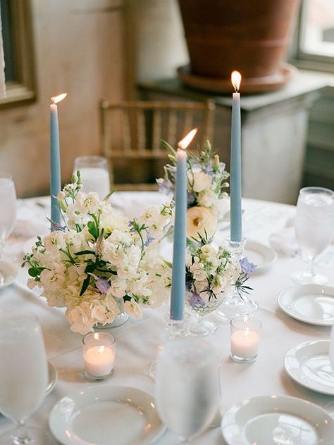 Garibaldi Cafe Wedding | Design Studio South | Savannah Wedding Photographer | Shannon Griffin #southernwedding  #film #filmweddingphotographer #fineartweddingphotographer #savannahweddingphotographer #shannongriffin #savannah #weddingdecor #garibaldicafe #monogrammednapkins #weddinglinens #designstudiosouth #katofloraldesigns #dotellcalligraphy Dusty Blue Candles Wedding, Greenery And Blue Wedding, Light Blue White And Greenery Wedding, Light Blue And Greenery Wedding, Blue Candle Sticks Wedding, Long Hall Table, Dusty Blue Table Decorations, Wedding Decor Blue And Green, Dusty Blue Candles