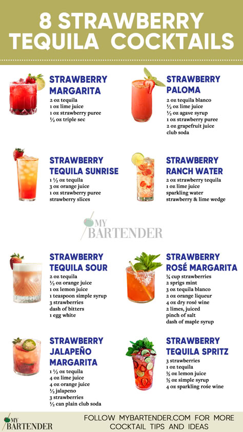 Strawberry Tequila Cocktails Alcoholic Drinks With Strawberries, Tequila And Vodka Cocktails, Cocktails For Summer, Drinks Tequila, Drinks With Tequila Easy, Drink Recipes Alcoholic Tequila, Sweet Alcoholic Drinks Recipes, Drinks Alcohol Recipes Tequila, Cocktails Tequila