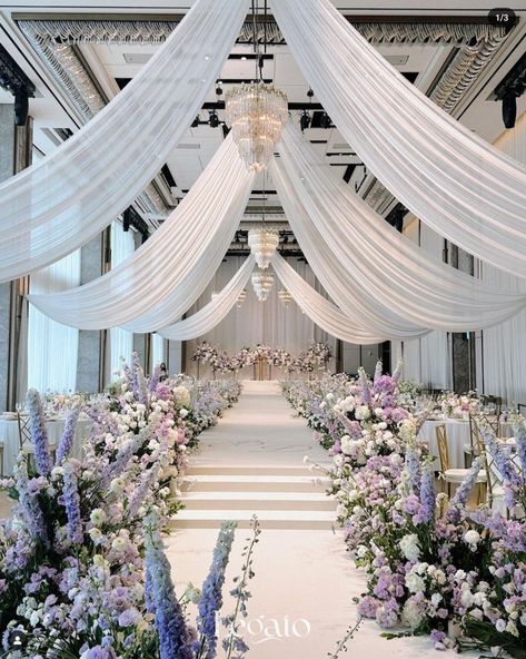 Light Purple And White Wedding Theme, Wedding Walkway, White Wedding Decorations, Wedding Hall Decorations, Wedding Reception Backdrop, Dream Wedding Decorations, White Wedding Theme, Wedding Planning Decor, Wedding Backdrop Design