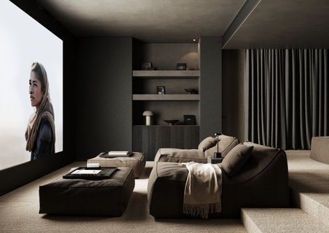 All Black Movie Room, Japandi Movie Room, Minimalist Home Theater, Cosy Cinema Room, Dark Movie Room, Tiny Home Theater, Cinema Room Aesthetic, Home Gym Tv, Mini Home Theater Design