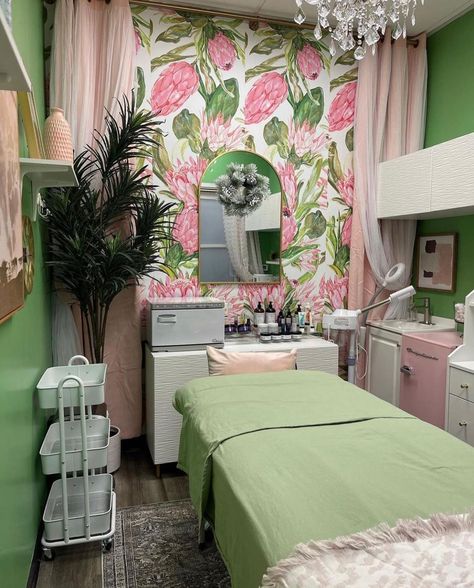 Esthetician Room Decor Pink, Green And Pink Lash Room, Pink And Green Spa Room, Eclectic Esthetician Room, Pink And Green Esthetician Room, Small Tattoo Room Ideas, Small Waxing Room Ideas, Colorful Esthetician Room, Green Lash Room