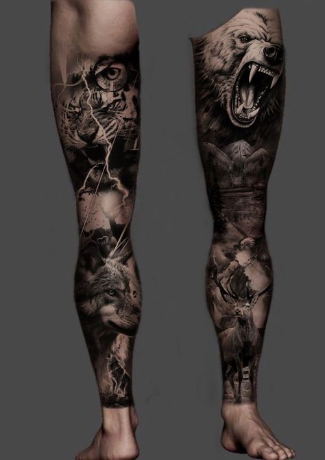 Viking Leg Tattoo Men, Roman Leg Sleeve Tattoo, Viking Leg Sleeve Tattoo Men, Full Leg Sleeve Tattoo Male, Leg Sleeve Tattoo Male Design, Full Leg Tattoo Men, Tattooing Inks, Thigh Tattoo Men, Animal Tattoos For Men