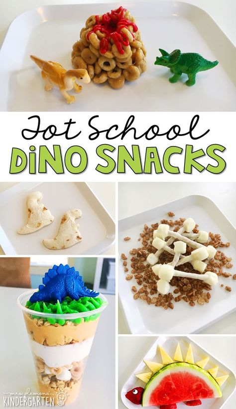 These yummy snacks are perfect for a dinosaur theme in tot school, preschool, or kindergarten! Essen, Montessori, Dino Snacks, Dinosaur Snacks, Dinosaurs Kindergarten, Dinosaur Week, Dinosaur Crafts Preschool, Dinosaur Food, Dinosaur Theme Preschool