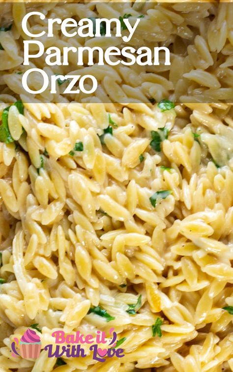 Creamy Parmesan Orzo Orzo Creamy, Creamy Orzo Recipes, Orzo Recipes Side, Creamy Parmesan Orzo, Orzo Dinner Recipes, Creamy Orzo Pasta, Orzo Risotto, Baked Spaghetti And Meatballs, Parmesan Orzo