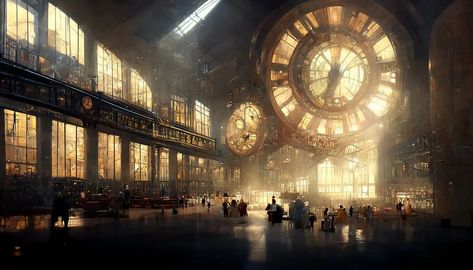 Steampunk Train Station, Steampunk Environment, Futuristic City Utopia, Steampunk City, Dnd Inspiration, Steampunk Artwork, Big Clock, Steampunk Fantasy, Steampunk Aesthetic