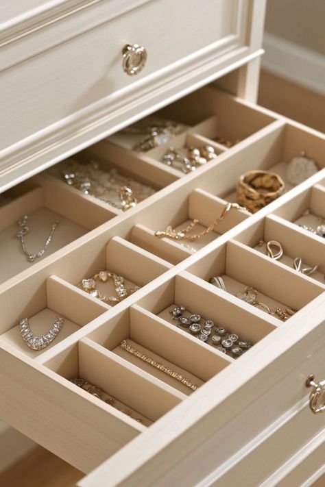 Protect and organize your jewelry with drawer dividers designed for rings, bracelets, and necklaces. Soft velvet or fabric-lined dividers help prevent tangling and damage, while making it easy to find your favorite pieces. Custom dividers can be designed to fit any drawer size. 💍📿 #JewelryStorage #DrawerDividers #OrganizedJewelry Jewelry Organizer Drawer, Jewelry Storage Solutions, Diy Organizer, Divider Design, Jewelry Drawer, Drawer Space, Drawer Dividers, Earring Organizer, Drawer Organizers