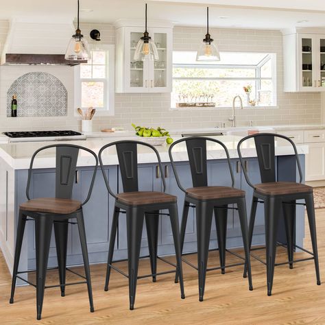 PRICES MAY VARY. 🏆【ELEGANT & MODERN】Swivel high Back industrial chairs look elegant and vintage in matte black color with large wooden seat. The simple and modern design will blend with any style of furniture and room decor. Anti-rust and anti-scratch. 🏆【VERSATILE FURNITURE】 30" metal counter height bar stools set of 4 high back metal bar stools,easily swivel 360 degree and control directions. Suitable for bistros, patios, cafes, kitchen, restaurants,classroom.etc. 🏆【STABLE & COMFORT】 X-brace Industrial Bar Stools, Industrial Dining, Bar Stools With Backs, Industrial Bar, Home Bar Furniture, Versatile Furniture, Rattan Dining Chairs, Stools With Backs, Counter Height Bar