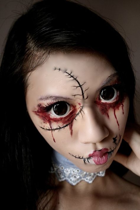 Creepy Dolls | Creepy doll by ~krakenese on deviantART Creepy Doll Halloween Costume, Scary Halloween Makeup Ideas, Dog Face Paints, Dragon Face Painting, Halloween Makeup For Kids, Scary Halloween Makeup, Creative Halloween Costumes Diy, Scary Doll, Halloween Makeup Ideas