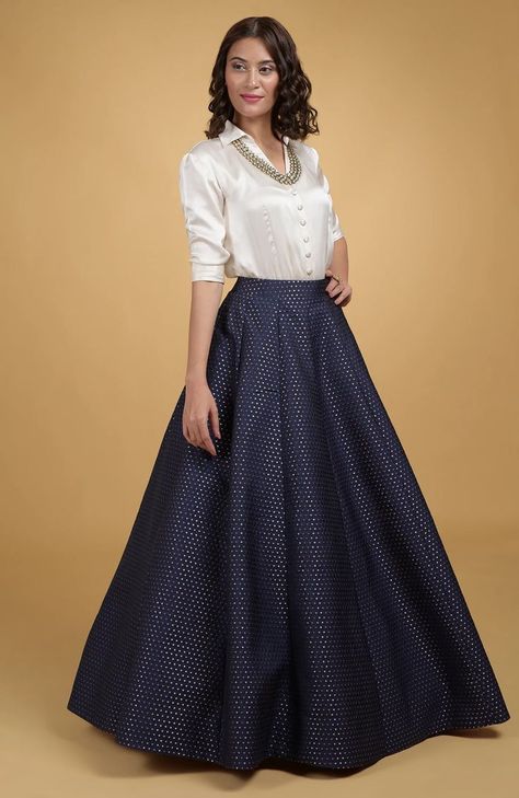 Long Skirt Outfits Indian, Long Skirt Top Designs, Blue Skirt Outfits, Modern Filipiniana Dress, Long Silk Skirt, Long Skirt And Top, Long Frock Designs, Lehenga Designs Simple, Long Skirt Fashion