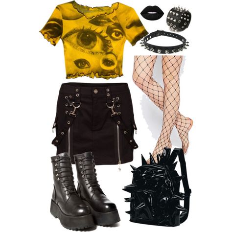 Yellow Goth Outfit, Yellow Alt Outfit, Weirdcore Accessories, Weirdcore Aesthetic Outfits, Yellow And Black Outfit, Weirdcore Fashion, Weirdcore Clothes, Clowncore Outfit, Weirdcore Outfits