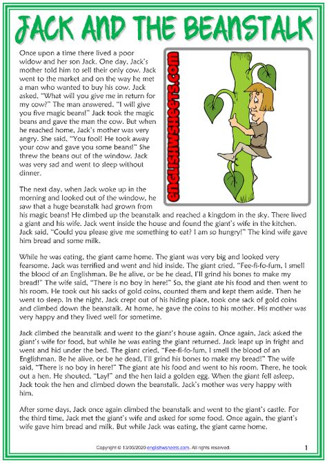 Short Fairy Tales Stories, Jack And The Beanstalk Story, Reading Books For Kids, Esl Reading Comprehension, Stories With Moral Lessons, Fairy Tale Story, Esl Reading, Short Moral Stories, English Stories For Kids