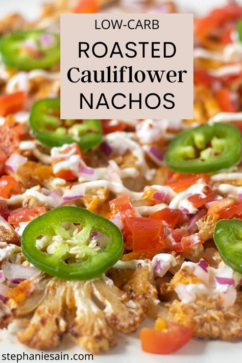 Cauliflower Nachos are an easy way to serve low carb nachos by simply swapping out cauliflower slices for chips. Seasoned roasted cauliflower chips loaded with cheese, tomatoes, red onion, and jalapeno. #cauliflowernachos #lowcarb #glutenfree Cauliflower Slices, Best Roasted Cauliflower, Cauliflower Chips, Cauliflower Nachos, Low Carb Nachos, Cauliflower Dishes, Easy Cauliflower, Nachos Recipe, Tasty Healthy