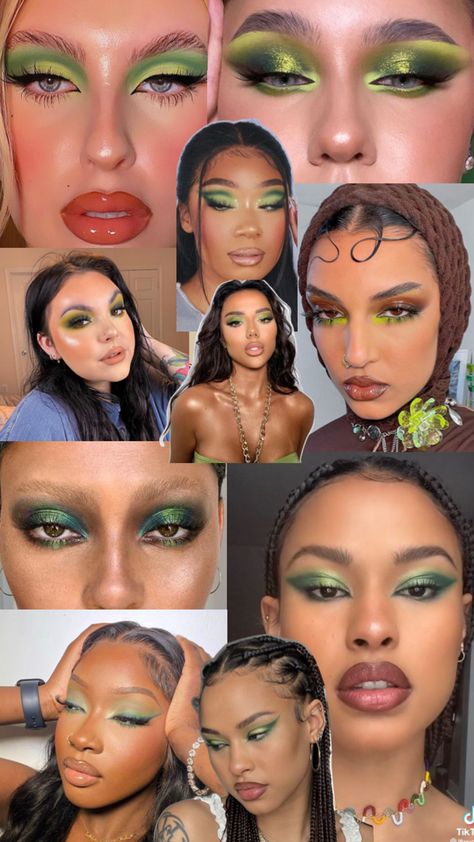 Multiple pictures of girls with green makeup eye looks. Women of color with green / brown makeup looks. Green Eye Makeup Looks, Green Makeup Looks, Green Eye Makeup, Girl With Green Eyes, Eye Makeup Looks, Brown Skin Makeup, Green Makeup, Green Eye, Looks Black