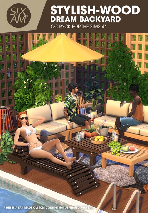 Stylish-Wood Dream Backyard (CC Pack for The Sims 4) | Patreon Sims 4 Garden Cc, Sims 4 Garden, Sixam Cc, Modern Chaise Lounge, Garden Lounge Chairs, Summer Furniture, Garden Tiles, The Sims 4 Packs, Sims 4 Cc Furniture