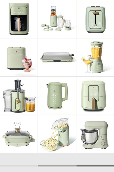 Beautiful Sage Green Small Kitchen Applicances by Drew Barrymore at Walmart - Walmart Finds Sage Green Decor Kitchen, Drew Barrymore Appliances In Kitchen, Sage Green And Gold House Decor, Sage Green Dishes, Cute Kitchen Appliances Aesthetic, Cottagecore Kitchen Appliances, Mint Green Kitchen Accessories, Green Kitchen Accessories Decor, Pretty Kitchen Appliances