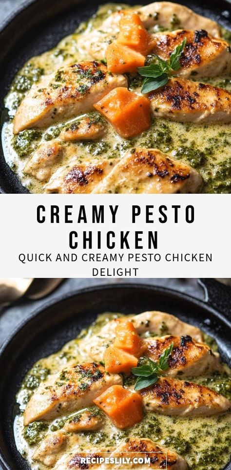 Indulge in a deliciously creamy pesto chicken that brings comfort food to a whole new level! Juicy chicken breasts are smothered in a rich, homemade pesto sauce made with fresh basil, garlic, and creamy goodness. Perfect for a quick weeknight dinner or a special gathering, this dish is sure to impress. Serve it with pasta or over rice for a complete meal that’s bursting with flavor. Discover the secret to effortless gourmet dining right at home! Basil Pesto Recipe Chicken, Easy Delicious Chicken Breast Recipes, Pesto Chicken Dinner Ideas, Pesto Chicken Recipes Pasta, Creamy Garlic Pesto Chicken, Pasta Recipes With Pesto Sauce, Chicken Pesto Ravioli, Pesto And Chicken Recipes, Chicken Pesto Pasta Recipes Easy