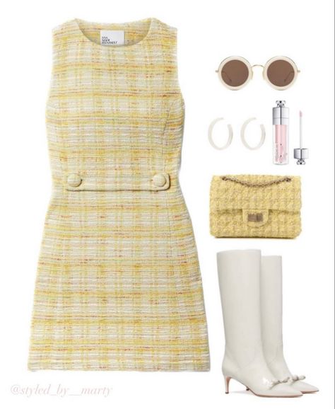 Tweed Dress Outfit, Chic Mom Outfits, Elegant Outfit Classy, 2000s Outfits, Yellow Outfit, Dress For Spring, Virtual Fashion, Tweed Dress, Looks Chic