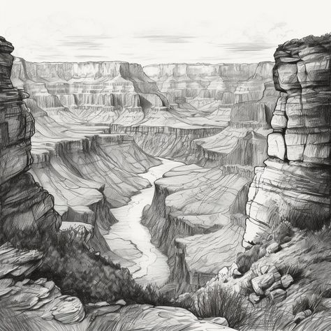 PRINTABLE ART | Digital Artwork of a Grand Canyon Sketch Instantly download, print and frame a piece of artwork. *If you would like a higher resolution download please contact me. Grand Canyon Art, Tank Drawing, Cactus Paintings, Artwork Unique, Landscape Pencil Drawings, Majestic Lion, Southwestern Art, Gallery Wall Art Set, Desert Art