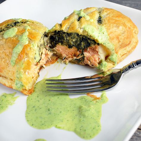 Salmon Wellington Sauce, One Pot Mediterranean, Salmon Wellington Recipe, Chicken And Couscous, Salmon Wellington, Herb Sauce, Mediterranean Chicken, Salmon Filet, Dinner Guests