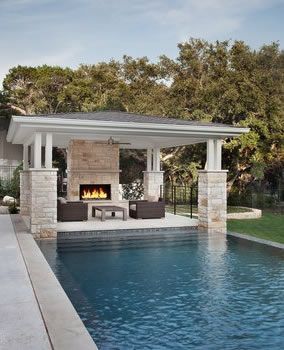 Outdoor Patio Ideas Backyards, Concrete Patios, Pool House Plans, Patio Pergola, Patio Fireplace, Pool Cabana, Backyard Gazebo, Patio Diy, Backyard Entertaining