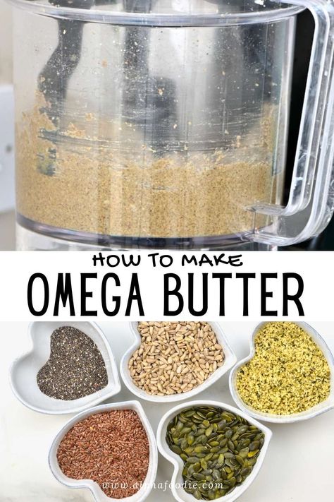 This super Omega seed butter contains a nutritional 5-seed butter combination packed with vitamins, minerals, antioxidants, and healthy omega-3s and omega-6s! A delicious omega-boosting seed spread to add to your seed and nut butter arsenal! Recipes With Seeds Healthy, Pumpkin Seed Butter Uses, Omega3 Food, Seed Butter Recipes, Omega 6 Foods, Chickpea Butter, Omega 3 Foods, Homemade Protein Powder, Resep Vegan