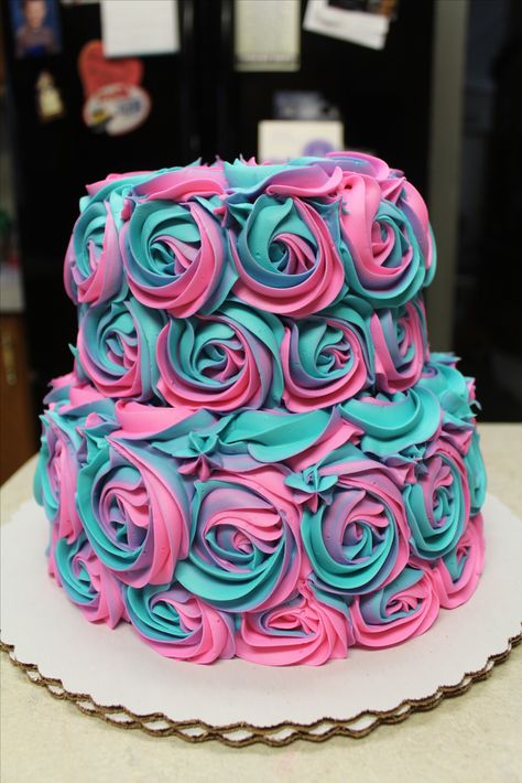 Pink And Blue Rosette Cake, Pink And Teal Birthday Cake, Swirl Cake Design, Teal And Pink Cake, Rose Swirl Cake, Teal Cake, Birthday Cake Cookies, Swirl Cake, Rosette Cake