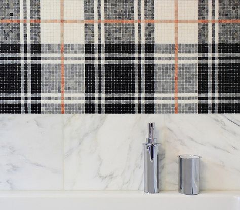 Plaid Mosaic Tile Balmoral Plaid Tulip Black Mosaic by AKDO.  10 Offbeat Plaids For New Projects | Companies | Interior Design Plaid Tile, Akdo Tile, Eclectic Tile, Statement Tiles, Floor Pattern, Black Mosaic, Eclectic Bathroom, Mosaic Backsplash, Tile Inspiration