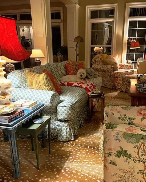 Gingham Living Room, English Cottage Couch, English Country Decorating, Gingham Sofa Living Room, Floral Sofa With Plaid Chairs, Gingham Couch, Red Couch Cottage Living Room, Mixing Patterns Living Room, Red Plaid Sofa Country Living