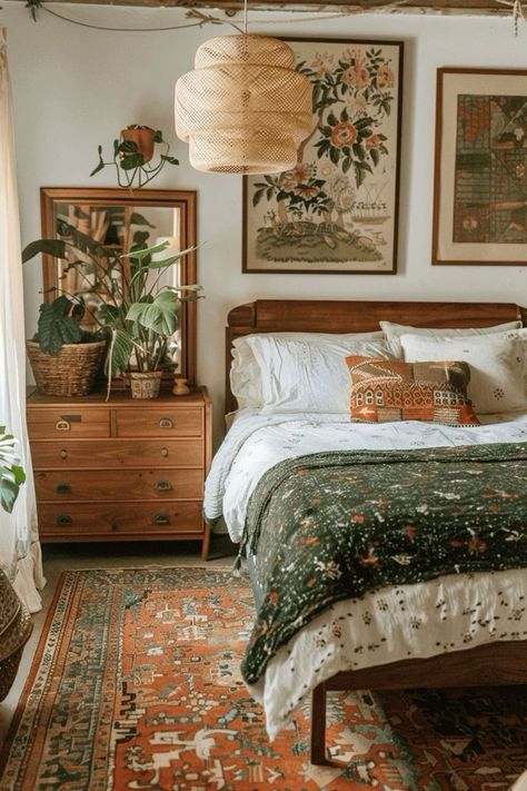 Small Bedroom Brown Furniture, Easy Bedroom Inspirations, Color Themes Interior Design, Boho Earth Tone Bedroom, Bedroom Boho Aesthetic, Apartment Boho Bedroom, Spunky Home Decor, Outside Bedroom Door Decor, Cozy Cabin Home Aesthetic