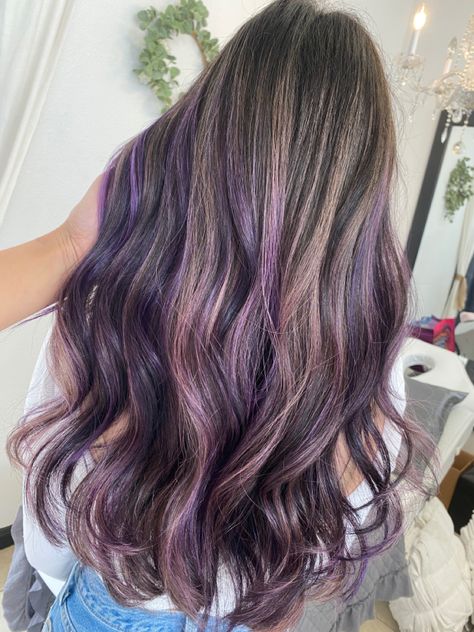 Purple Highlights In Light Brown Hair, Light Brown Hair With Purple Streaks, Brown Purple Highlights, Light Brown With Purple Highlights, Light Brown Hair With Purple Highlights, Purple And Blonde Highlights, Purple Highlights Light Brown Hair Peekaboo, Purple Balayage Hair, Purple Blonde Hair