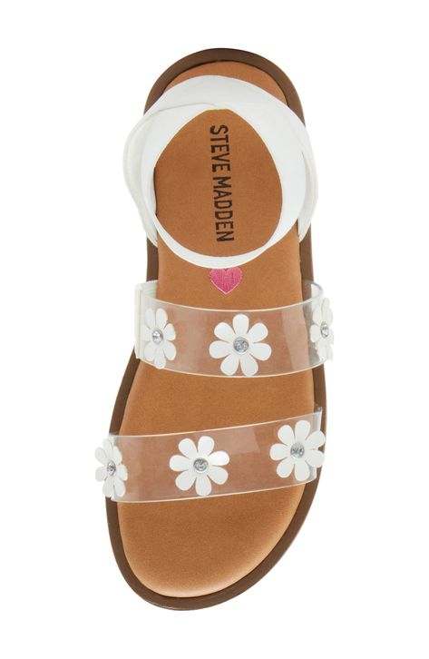 A soft elastic strap comfortably secures a fanciful sandal with two clear straps featuring sparkling crystals and daisy flowers. Synthetic upper, lining and sole Imported Kids Footwear, Embellished Sandals, Daisy Flowers, Kids Sandals, Girls Sandals, Sparkling Crystal, Nordstrom Store, Girl Baby, Daisy Flower