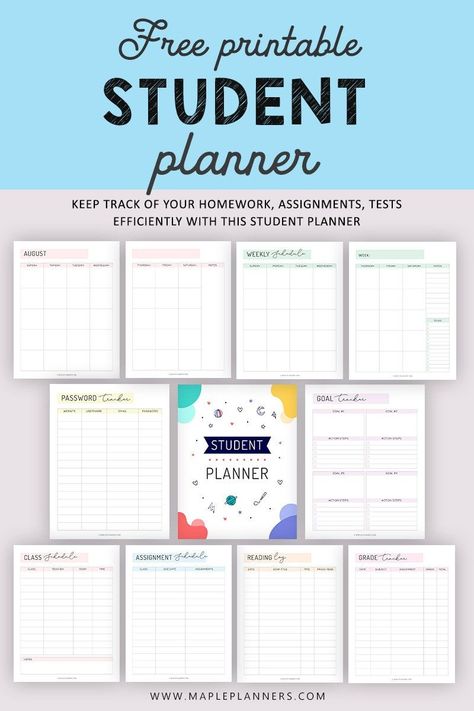 Stay organized and keep track of your school assignments, homework,   tests, grades and everything school related with this free printable student planner. #studentplanner #freeprintable Organisation, Diy Academic Planner, Academic Planner Printables Free, Planer For School, Study Templates Printables, Free Study Planner, Free School Planner Printables, Free Student Planner, Academic Planner Template