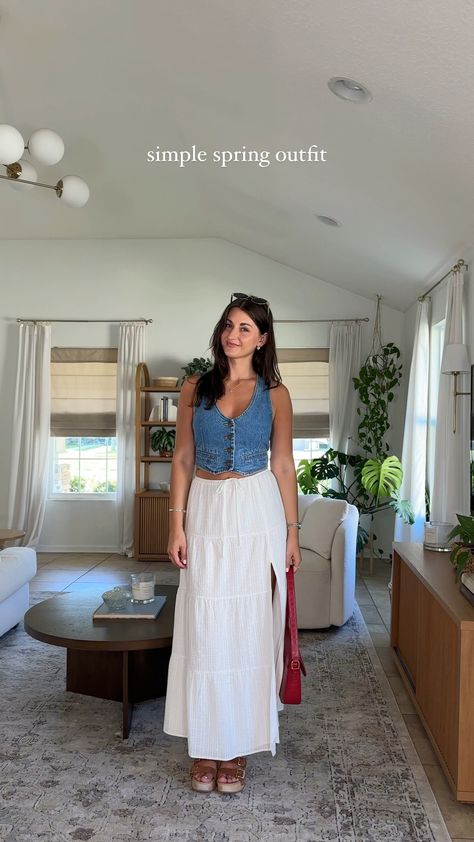 Camila Skirt in White curated on LTK Long White Skirt Styling, Italy Casual Outfit, Flowy Long Skirt Outfit, Denim Vest White Skirt, White Skirt Styling, White Maxi Skirt Outfit Summer Casual, White Skirts Outfits, White Long Skirt Outfit Ideas, Maxi White Skirt Outfit