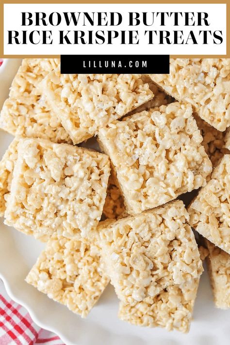 Browned butter Rice Krispie treats are an elevated classic filled with nutty butter and topped with sea salt for taste perfection! #brownbutterricekrispietreats #ricekrispietreats #brownbutter #ricekrispie Best Rice Krispie Treats Recipe, Rice Krispies Recipe, Rice Krispie Bars, Homemade Chocolate Truffles, Dessert Truffles, Peanut Butter Bites, Savory Rice, Fall Baking Recipes, Butter Rice