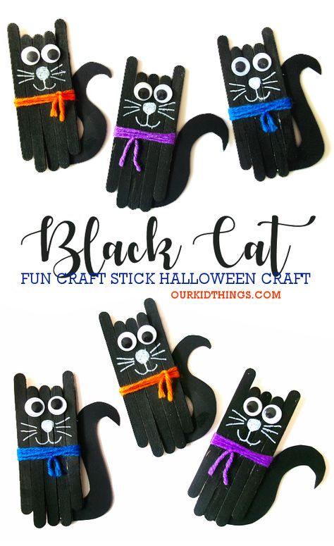 Craft Stick Black Cat Craft Art And Craft For Halloween, The Color Black Crafts For Preschool, Color Black Crafts Preschool, Diy For Halloween, Halloween Cat Crafts For Kids, Halloween Craft School, Recycled Halloween Crafts, Easy Halloween Paper Crafts, Halloween Easy Crafts For Kids