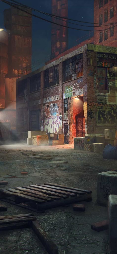 Gang Hideout Concept Art, Scrapyard Aesthetic, Abandoned City Concept Art, Warehouse Concept Art, Junkyard Aesthetic, Broke Aesthetic, Warehouse Aesthetic, Werewolf Comic, Imvu Backgrounds