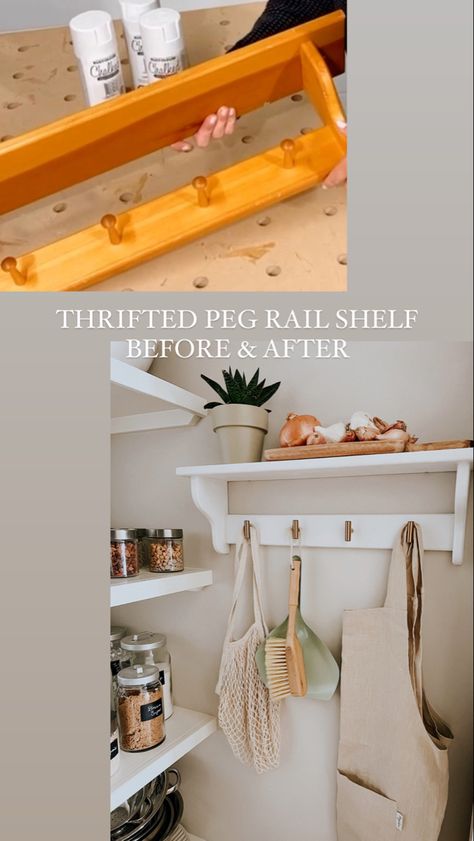 Thrifted this peg rail shelf and gave it a modern makeover! #thrifted #thriftstorefinds #thrifting #goodwill #thriftedanddtyled #thriftedhomedecor #thriftedhome #budgethomedecor #thriftflip #thriftshop Thrift Home Decor Diy Ideas, Thrifted Organization, Goodwill Finds Thrifting, Thrift Home Decor, Peg Rail Shelf, Thrift Gifts, Thrift Flip Decor, Goodwill Upcycle, Thrift Flip Ideas