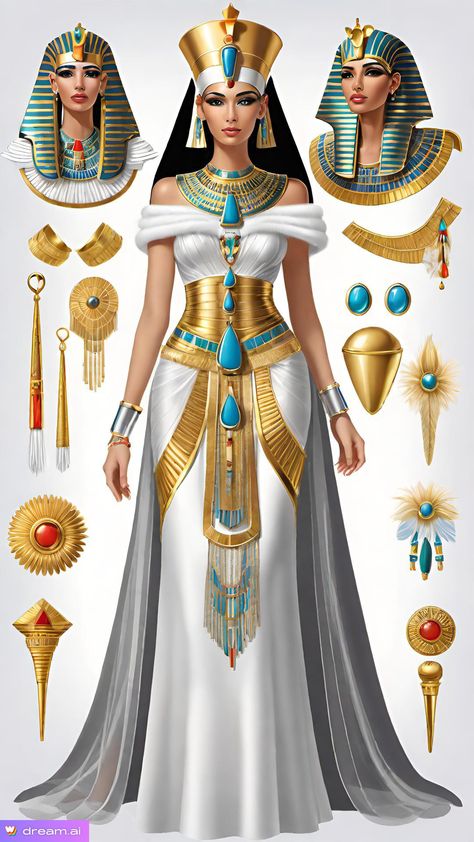 Cleopatra White Dress, Egyptian Queen Outfit, Egyptian Traditional Dress, Ancient Egypt Outfits, Cleopatra Halloween Costume Outfit, Egyptian Outfits Women, Egyptian Outfit Ideas, Egyptian Dresses, Ancient Egypt Dress