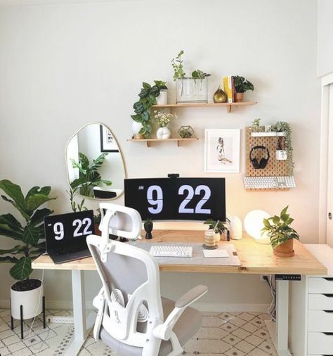 Workspace At Home Ideas, Hobo Desk Ideas, Sleek Desk Ideas, Bedroom Desk Inspiration, Home Workspace Inspiration, Printer On Desk Ideas, Minimalist Wfh Desk, Long Workspace Desk, Work Desk Decor Minimalist