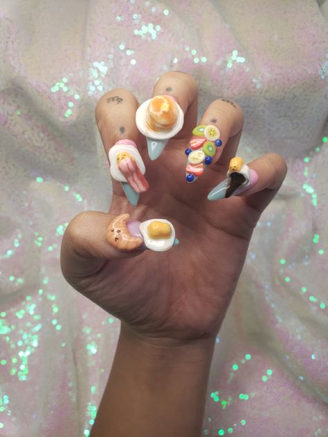 3D Gudetama nailart. The cutest breakfast set you wouldn’t want to eat. #nailartideas #gudetamanails #3dnailart #breakfastnails Breakfast Nail Art, Gudetama Nails, Breakfast Nails, Nail Contest, Cut Nails, Kawaii Nail Art, How To Cut Nails, Breakfast Set, Diy Nail Designs