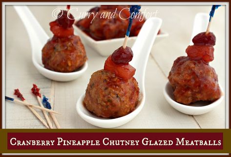 Kitchen Simmer: Cranberry Pineapple Chutney Glazed Meatballs Pineapple Chutney, Pineapple Glaze, Glazed Meatballs, Festive Appetizers, Meatballs Recipe, Red Chili Powder, Super Bowl Food, Crushed Red Pepper Flakes, Great Appetizers